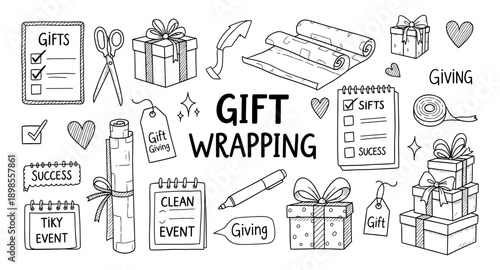 Hand-drawn doodles illustrating gift wrapping essentials and concepts for celebrations