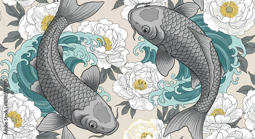 Two Gray Koi Fish Illustration Artwork.