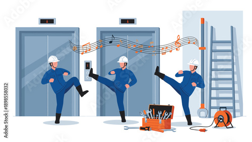 Three maintenance workers in blue uniforms and hard hats performing synchronized dance in elevator lobby with musical notes.