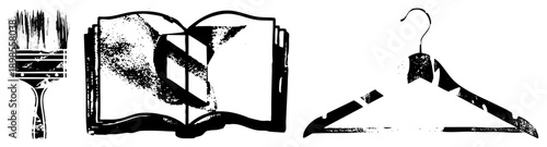 Open book displaying abstract design, paintbrush with bristles, wooden coat hanger, halftone style, creative tools, studio, design elements.