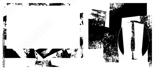 Bold black shapes with distressed texture, fragmented forms, graphic design elements, vector art, modern abstract composition.