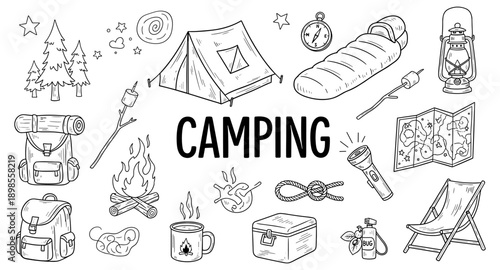 Hand-drawn camping essentials illustration with the word camping in the center
