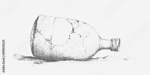 Silhouette of an old bottle in stipple shading with grainy texture, distressed speckles and faint stains for a worn antique illustration effect.