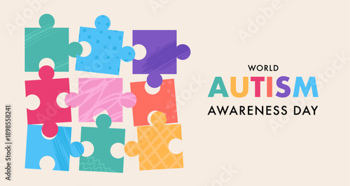 World autism awareness day banner template and poster background with colorful puzzle pieces.