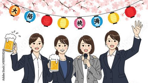 Group of four businesswomen in suits celebrating under lanterns and cherry blossoms while drinking beer and singing.