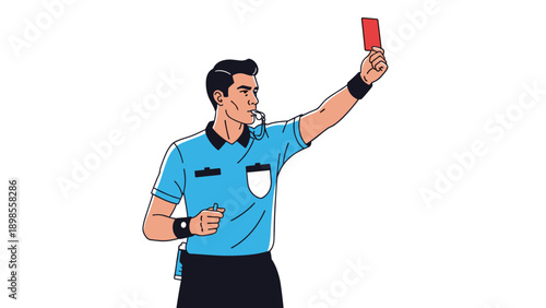 Male football referee in blue shirt blowing whistle while holding up red card against white background to signal penalty.