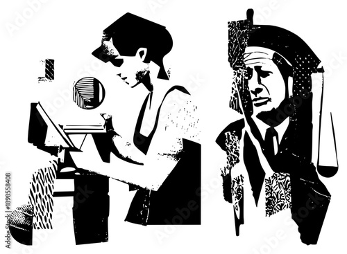 Retro office worker typing at desk, legal judge with gavel, halftone texture, graphic illustration, legal and administrative themes.