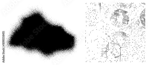 Vector halftone graphic using dot density gradients, stippling effect, isolated ink, digital art texture, print design element.
