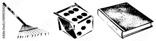 Classic garden rake with tines, six sided die with pips, aged book with dust, halftone style, isolated vector, symbolic objects, retro graphic design.