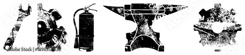 Set of mechanical tools including wrench, gear, fire extinguisher, anvil, and gear wheel, rendered in gritty halftone texture, ideal for industrial design or safety graphics.