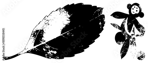 Black and white vector graphics of a leaf and a monkey plush toy, both with gritty texture, isolated design elements, minimalist style.