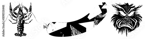 Graphic featuring a textured lobster, abstract sausage, and fierce tribal mask, all in high contrast black and white vector art with gritty texture.