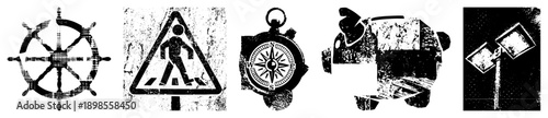 Set of five ship’s wheel, sign, compass, piggy bank, windmill, all with distressed texture, vector flat design, isolated symbols.