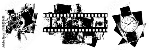 Film reel, movie strip, analog watch, distressed black and white, graphic design elements, retro cinema, timepiece, stylized composition.