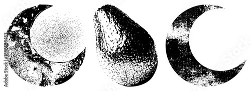 moon, full moon, and gibbous moon shapes in black and white halftone, textured vector art, celestial symbols, astronomy graphics, minimalist cosmic design.