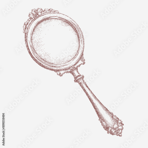 Illustration of a mirror in a vintage frame, ornate floral motifs with stipple texture, faded surface, dust particles and grainy threshold effect.
