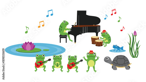 Musical group of frogs playing piano, drums, and guitars around water lily pond with turtle looking on.