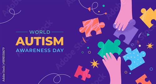 World autism awareness day banner template and poster background with colorful puzzle pieces.