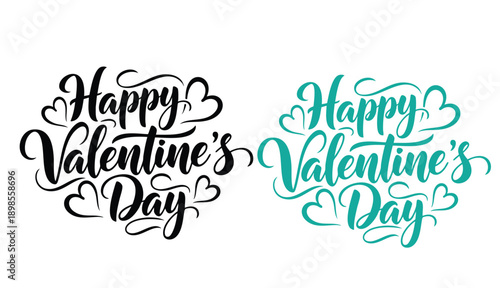 "Happy Valentine's Day" rendered in elegant, flowing script calligraphy. The left instance should be a solid, deep black, while the right instance should be a vibrant, rich teal