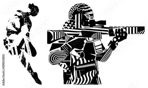 Two abstracted figures sniper aiming, dancer moving in high contrast black/white, geometric, distressed textures. Vector art with graphic design flair.
