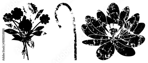 Distressed black vector silhouettes of flowers, cane, and lotus, textured with grunge effects, isolated graphic elements for design use.