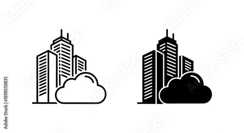 Modern cityscape with skyscrapers and a cloud, symbolizing cloud computing services for urban development and digital infrastructure.