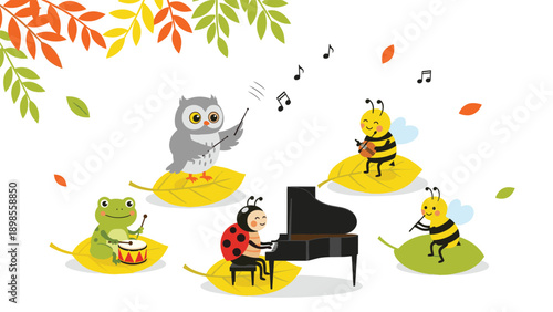 Wise owl conducting a group of musical forest animals including a frog and insects playing instruments on autumn leaves.