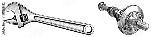 Mechanical tools for repair, adjustable wrench and wheel hub, automotive, mechanic equipment, black and white technical drawing.