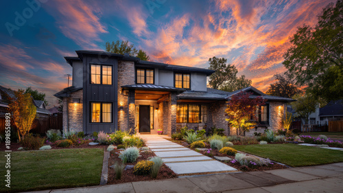 Real estate business market, house home building purchase sale. A modern house with glass windows and doors, illuminated by lights, surrounded by lush landscaping featuring plants, flowers.