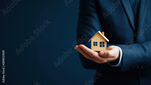 Real estate business market, house home building purchase sale. A man in a blue suit holding a wooden house model in his hands against a blue background.