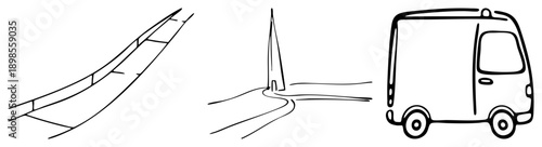 Simple drawings of ski jump ramp, coastal lighthouse, and delivery van, isolated vector, clean sketch style, transportation and landmark symbols.
