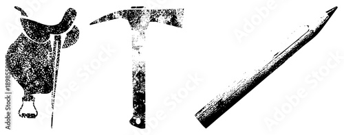 Equestrian saddle, ice, ice pick and riding tools, rugged outdoor equipment, adventure gear, mountain sports, backcountry essentials.