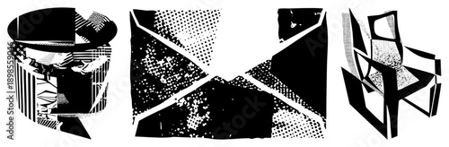 Fragmented black and white shapes with halftone textures, angular composition, graphic design elements, modern art style, vector illustration.