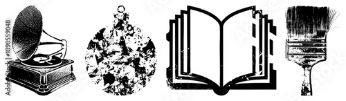 Classic gramophone with horn,, open book with pages, paintbrush with bristles vector for creative and educational use.