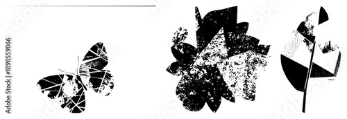 Black and white vector shapes of butterfly, flower, leaf fragmented, sharp edges. Ideal for graphic/print. Synonyms fractured silhouette, deconstructed nature, botanical.
