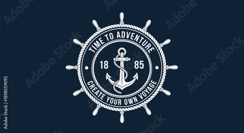 Vintage Nautical Anchor Ship Wheel Emblem Design.