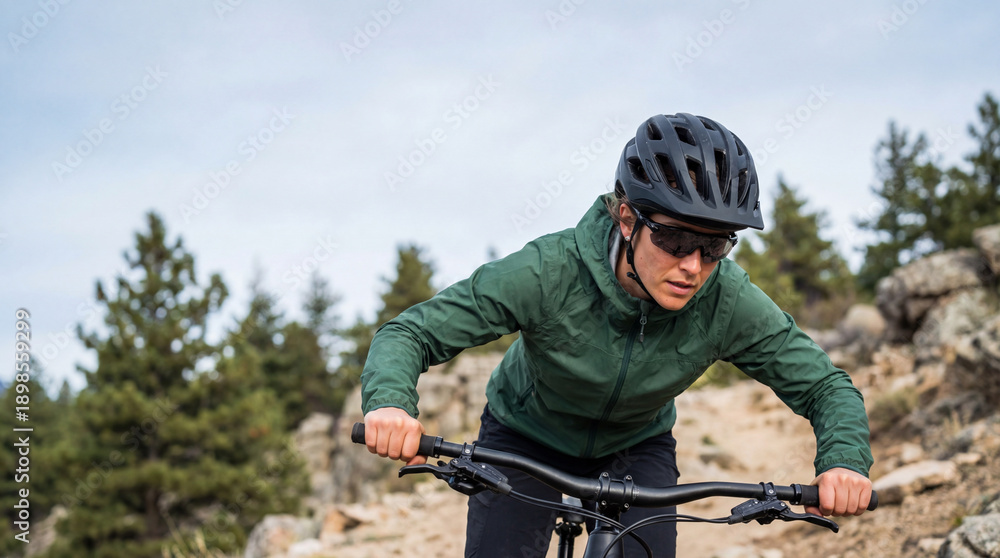 Fototapeta premium Female mountain biker riding up a rocky trail in the forest. Woman cyclist in green jacket and helmet training outdoors