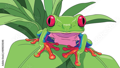 Colorful red eyed tree frog sitting on green leaf vector illustration