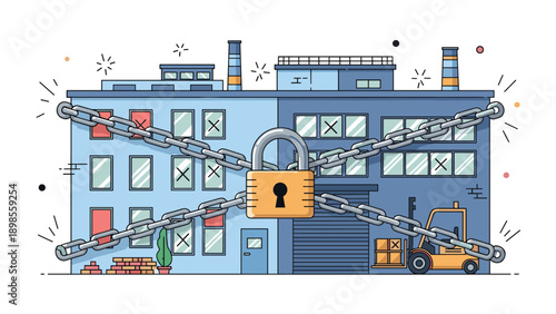 Blue industrial factory building wrapped in heavy metal chains and secured with a large gold padlock to represent a business closure.