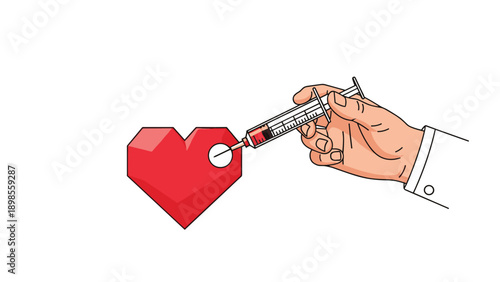 Hand of a medical professional in a lab coat injecting a red faceted heart with a syringe to symbolize life-saving treatment.