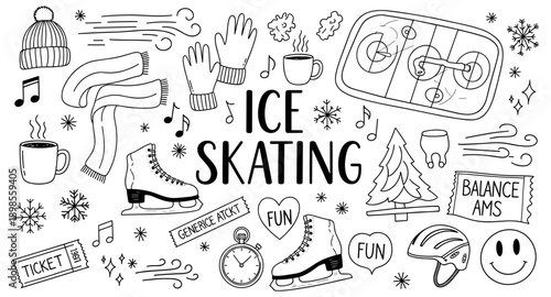 Doodle collection of ice skating elements and winter fun activities