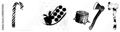 Holiday candy cane with stripes, artist’s paint palette with brushes, tree stump with rings, two axes with textured handles all isolated vector in gritty black and white style.