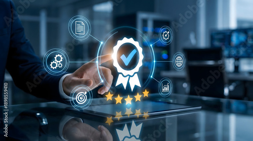 Quality assurance concept with virtual seal and checkmark,businessman touching certified badge,guaranteeing standard excellence,customer satisfaction,top approved service.