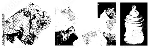 Vector graphic with fragmented halftone textures, geometric shapes, and isolated forms, rendered in. Ideal for graphic design, digital art, or UI elements.