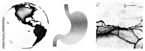 Halftone rendered globe, stylized stomach, cracked desert terrain all vector graphics with dot texture, medical and geographical themes.