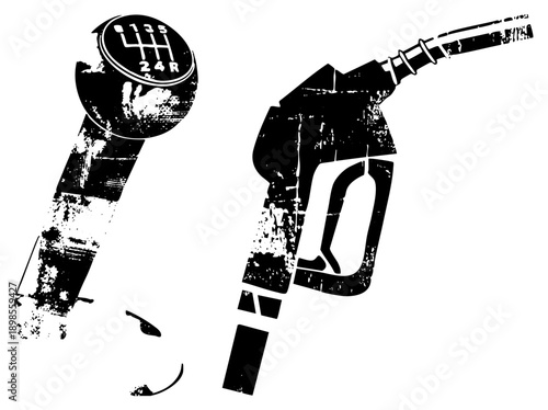 Black and white vector of manual transmission gear knob and fuel nozzle, gritty texture, automotive symbols, mechanical design, retro style.