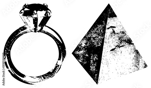 Black and white vector illustration of a solitaire ring with textured band and a halftone, both in gritty sketch style, ideal for retro design or graphic art projects.