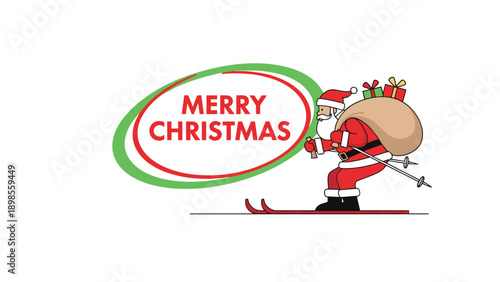 Santa Claus wearing his red suit is skiing with a heavy sack of Christmas gifts next to a festive Merry Christmas sign.
