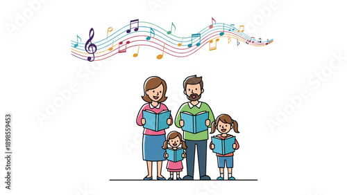 Happy family of four including parents and two daughters standing together and singing from songbooks under musical notes.