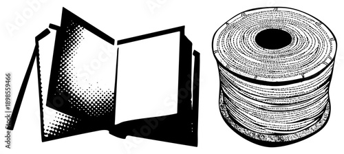 Illustrated open book with halftone shading, blank pages, beside coiled thread spool, textile design element, graphic vector art.